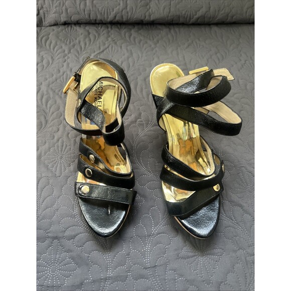 Michael Kors Shoes Black Patent Leather Strappy Heels Sandals w/cork SZ 9M Chic - Picture 1 of 12